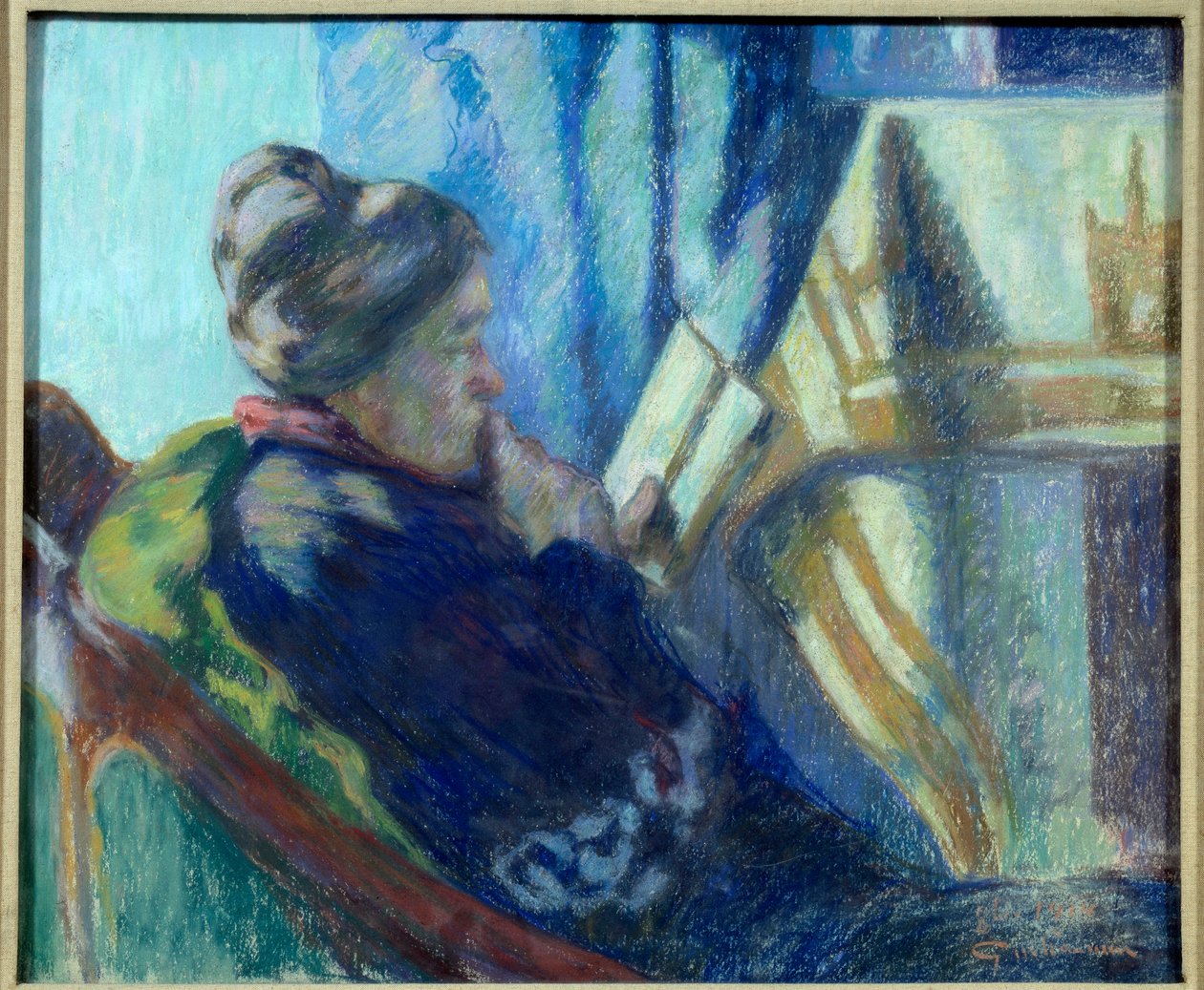 Olvasó öregasszony egy könyvet olvas a székében. Jean Baptiste Armand Guillaumin (1841-1927) festménye 19. századi Metz, Musee des Beaux Arts alkotó: Jean Baptiste Armand Guillaumin