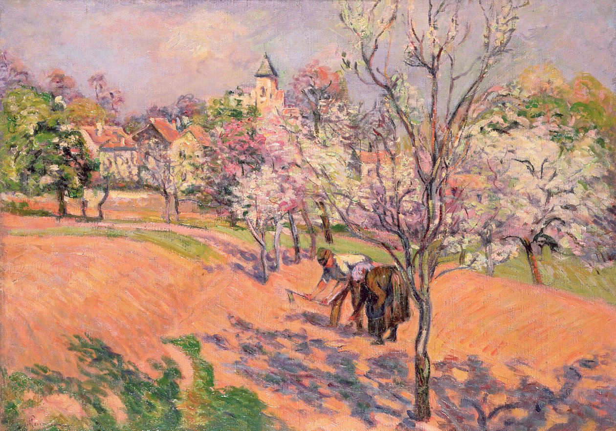 Két paraszt babot vet egy gyümölcsösben alkotó: Jean Baptiste Armand Guillaumin