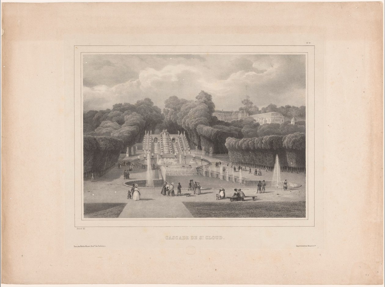 Szökőkút a Château de Saint-Cloudban Cascade de St. Cloud (cím az objektumon) Nagyszerű kilátás Párizsban (sorozat címe) alkotó: Jean Baptiste Arnout