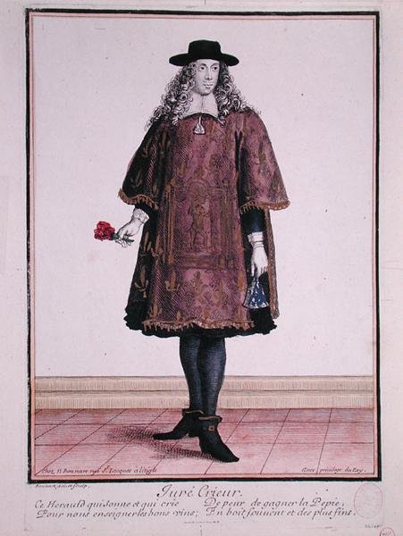 The Town Crier of Beaune, 17. század vége (színes metszet) alkotó: Jean Baptiste Bonnart