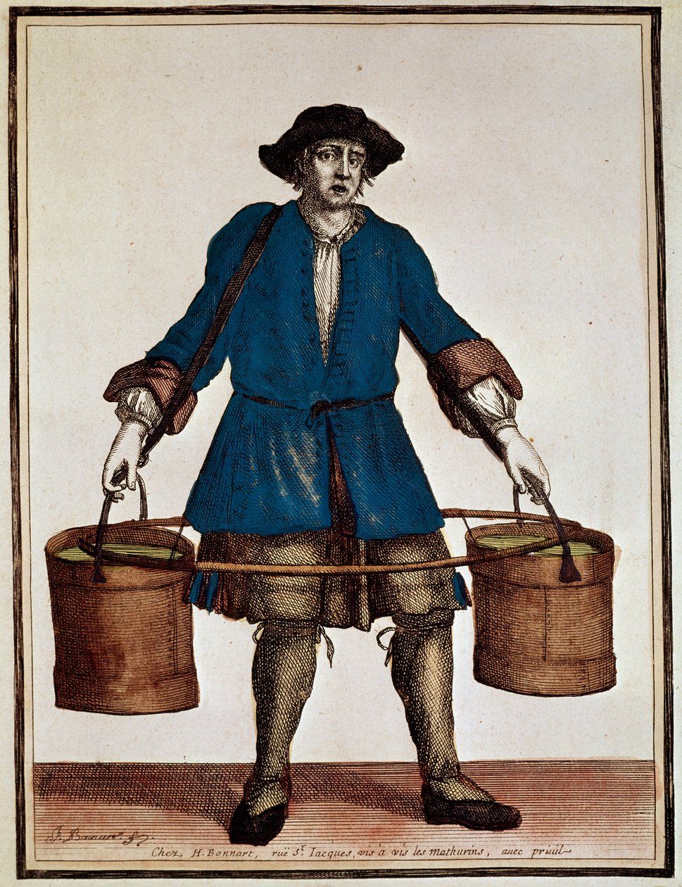 Vízhordozó, Henri Bonnart (1642-1711) és Jean Baptiste Bonnart (1654-1726) színes metszete, a Recueil des Modes de la Cour de France-tól alkotó: Jean Baptiste Bonnart