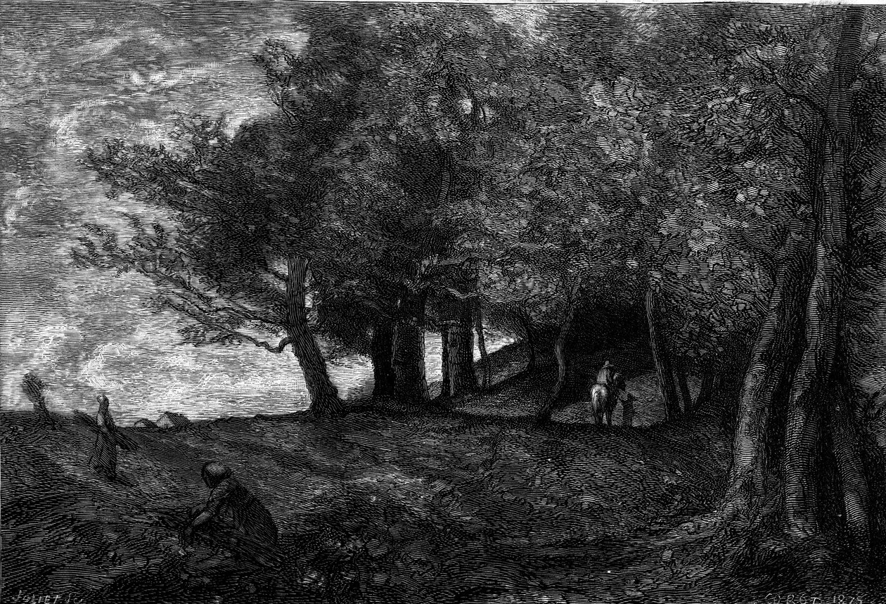 Bucherons (1870-1871). Metszet Jean Baptiste Camille Corot (1796-1875) festménye nyomán a „The Illustrous World”” 1209. sz., május 29-én. alkotó: Jean Baptiste Camille (after) Corot