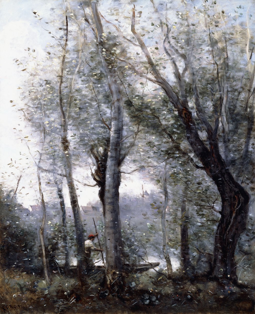 Egy bárka elhalad a fák mögött a parton, 1865-70 alkotó: Jean Baptiste Camille Corot