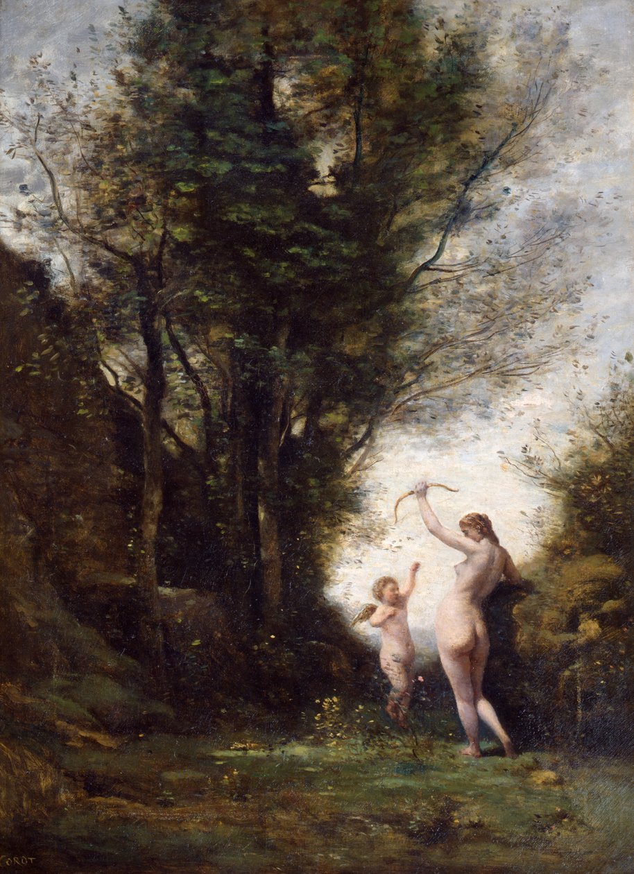Egy nimfa, aki Cupidoval játszik, 1857 alkotó: Jean Baptiste Camille Corot