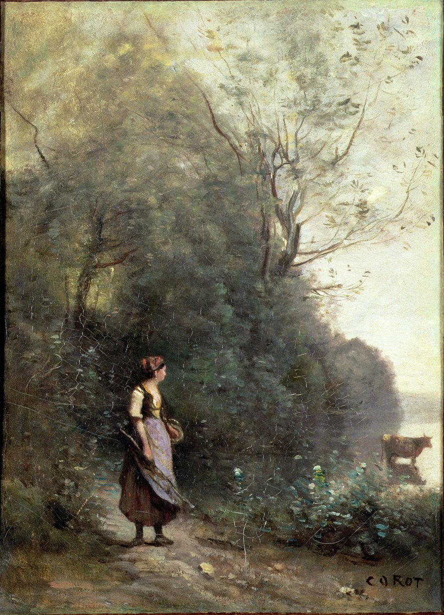 Egy tehenet legeltető parasztasszony az erdő szélén, 1865-70 alkotó: Jean Baptiste Camille Corot