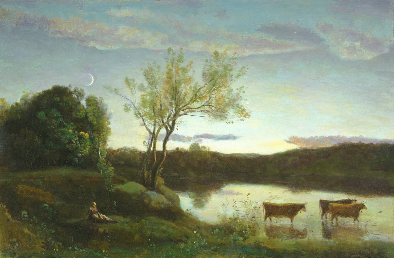 Egy tavacska három tehénnel és egy félholddal, 1850 körül alkotó: Jean Baptiste Camille Corot