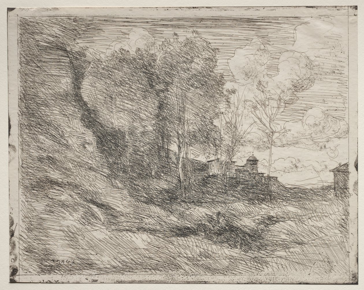 Ostia szuvenírje, eredeti lenyomat 1855, 1921-ben nyomtatták. alkotó: Jean Baptiste Camille Corot