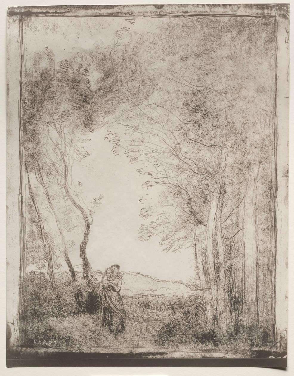 Egy fiatal anya egy erdő bejáratánál alkotó: Jean Baptiste Camille Corot
