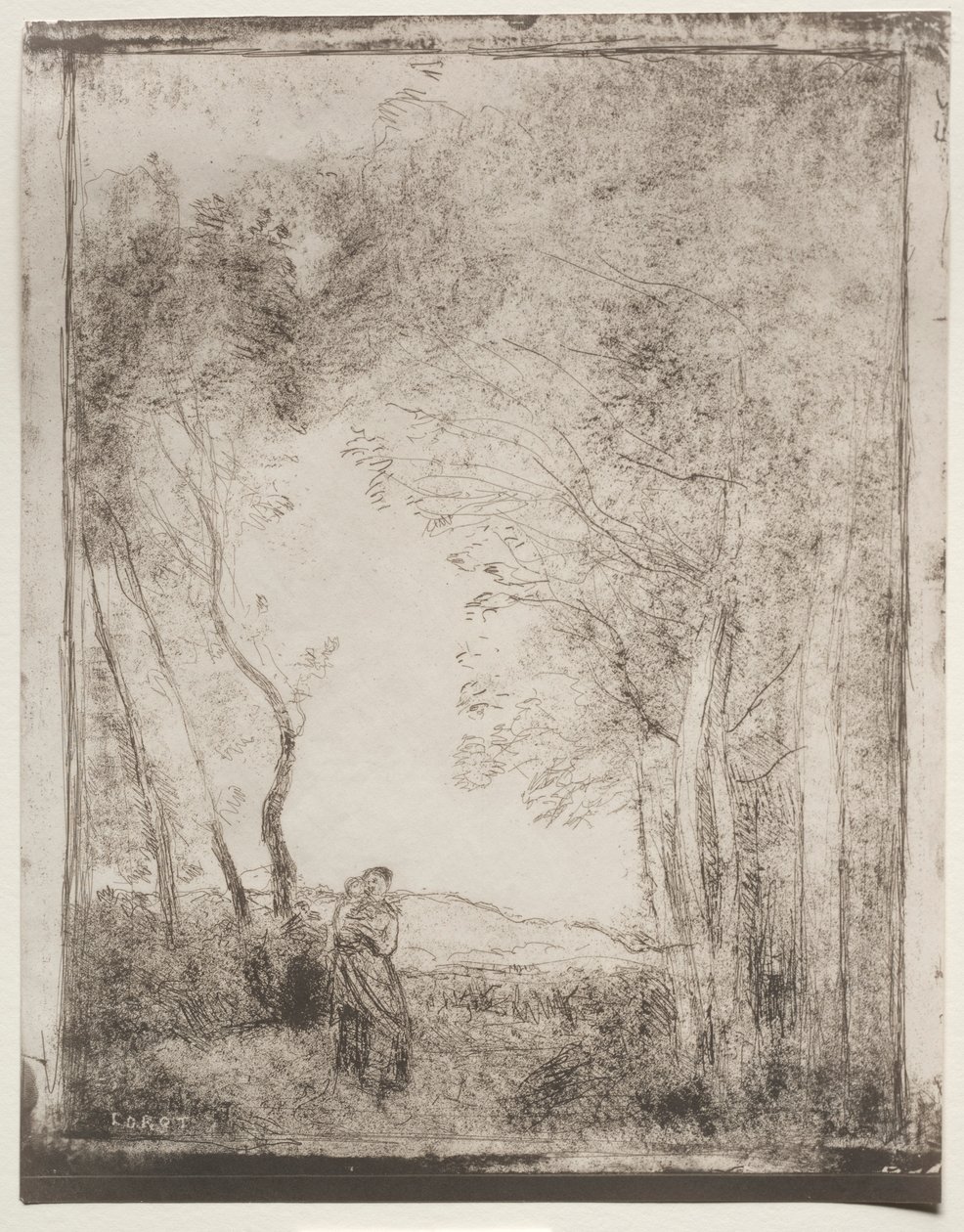 Fiatal anya a fa bejáratánál, eredeti lenyomat 1856, 1921-ben nyomtatva. alkotó: Jean Baptiste Camille Corot