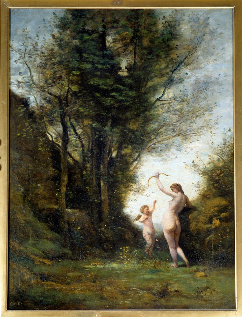 Egy nimfa, aki a szerelemmel játszik. Camille Corot (1796-1875) festménye alkotó: Jean Baptiste Camille Corot