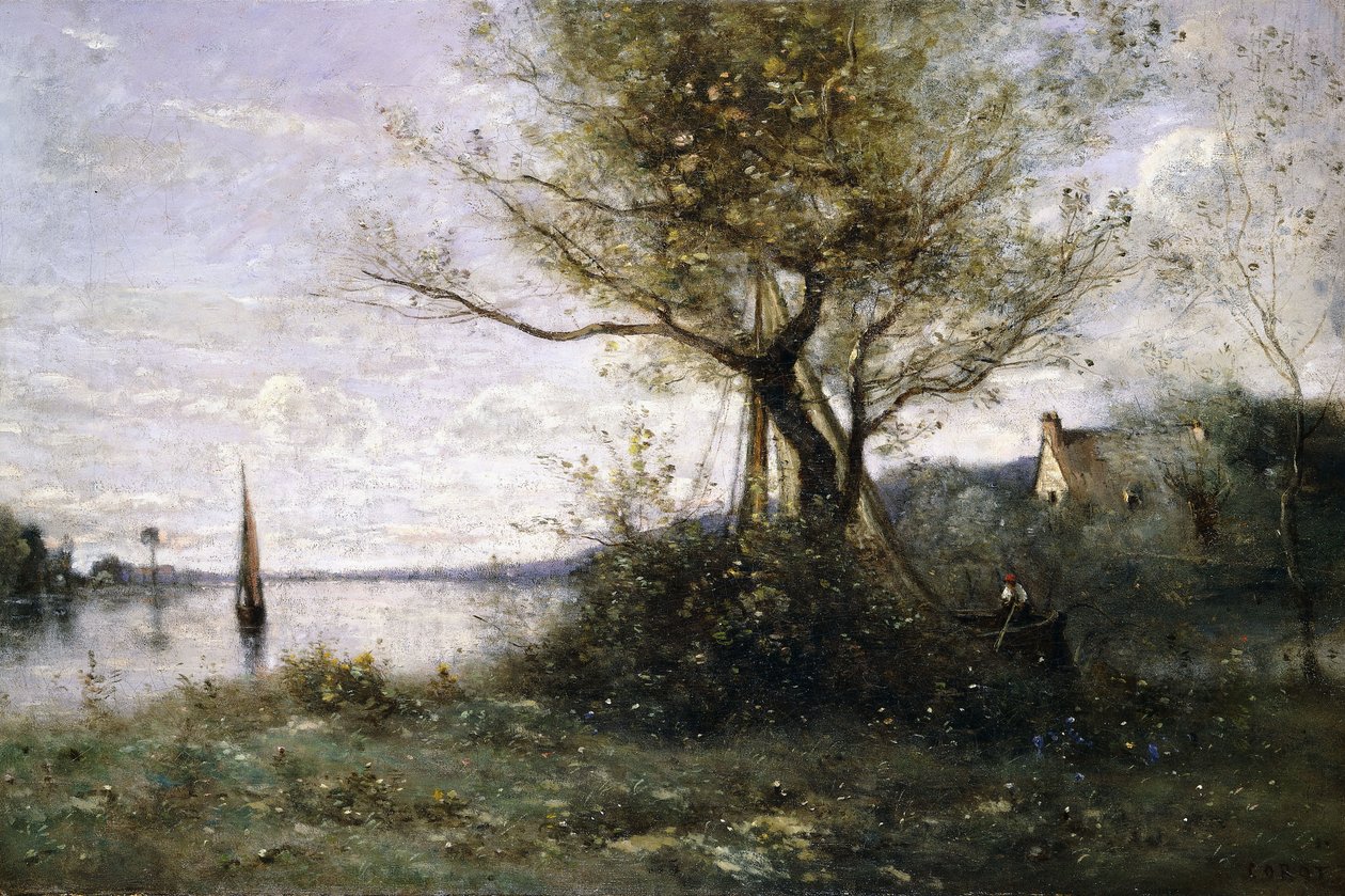 Hajó a sziget szélén, alkotó: Jean Baptiste Camille Corot