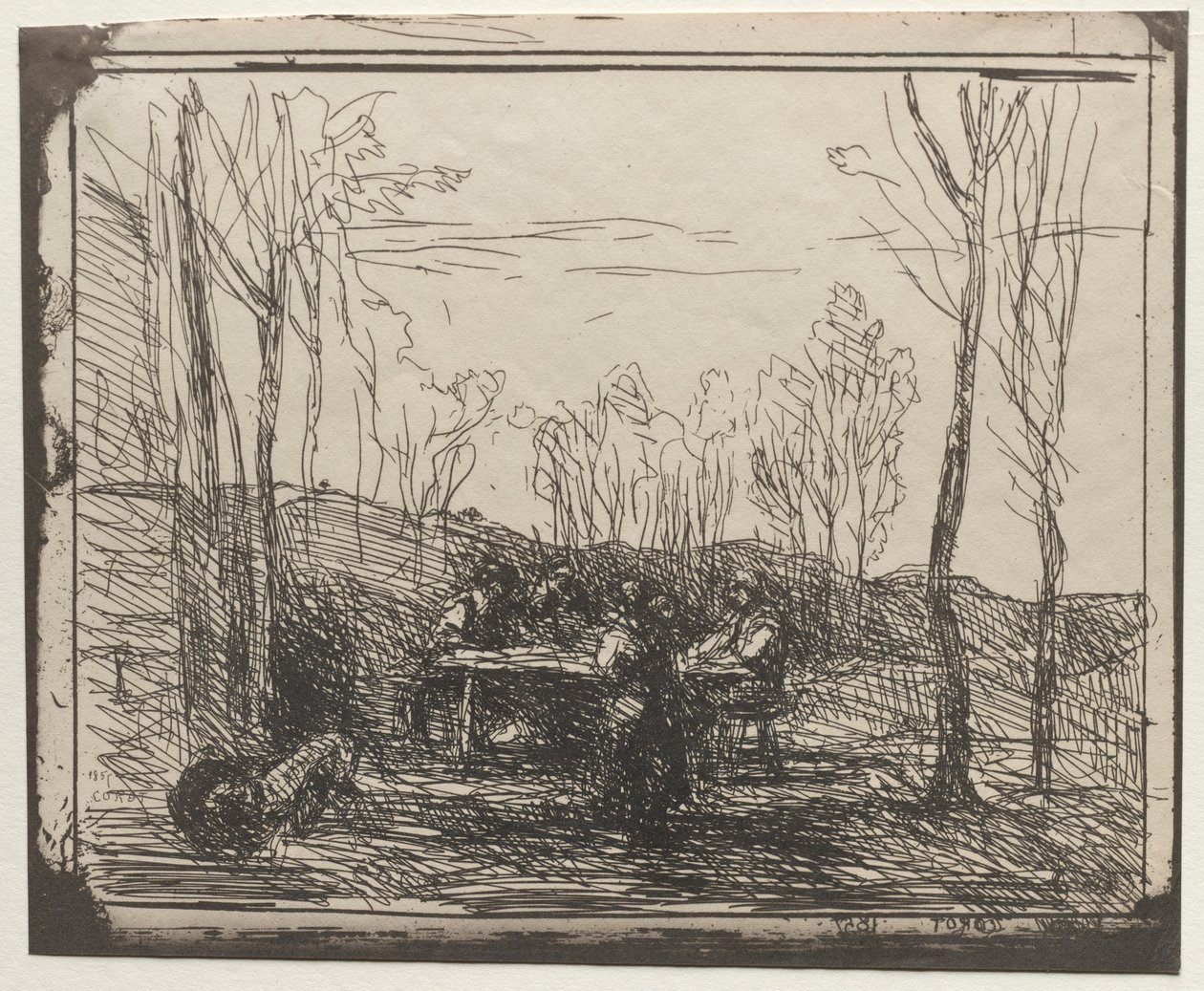 Reggeli a tisztásban, eredeti lenyomat 1857, nyomtatva 1921-ben. alkotó: Jean Baptiste Camille Corot