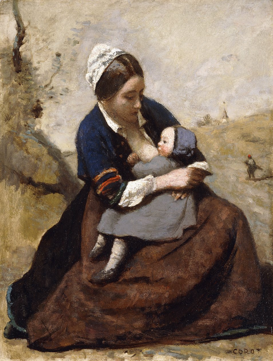 Breton szoptatja gyermekét; Breton szoptatja gyermekét, 1855-1860 alkotó: Jean Baptiste Camille Corot