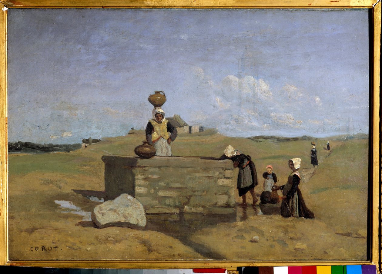 Bretonok a szökőkútnál, Batz falu Camille Corot festménye (1796-1875) 19. század V. 0,38x0,55 m alkotó: Jean Baptiste Camille Corot