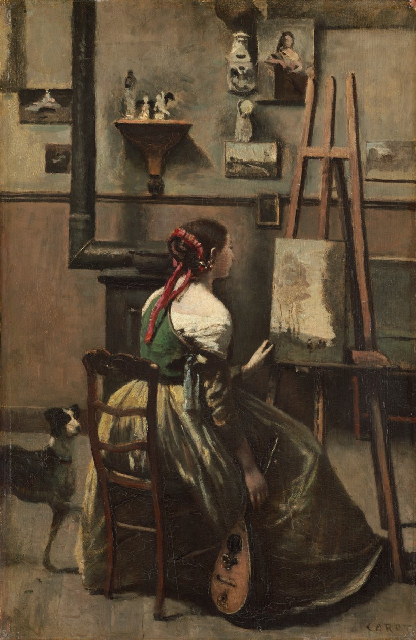 Corot Stúdiója: Nő festőállvány előtt ülő, mandolin a kezében, c. 1868. alkotó: Jean Baptiste Camille Corot