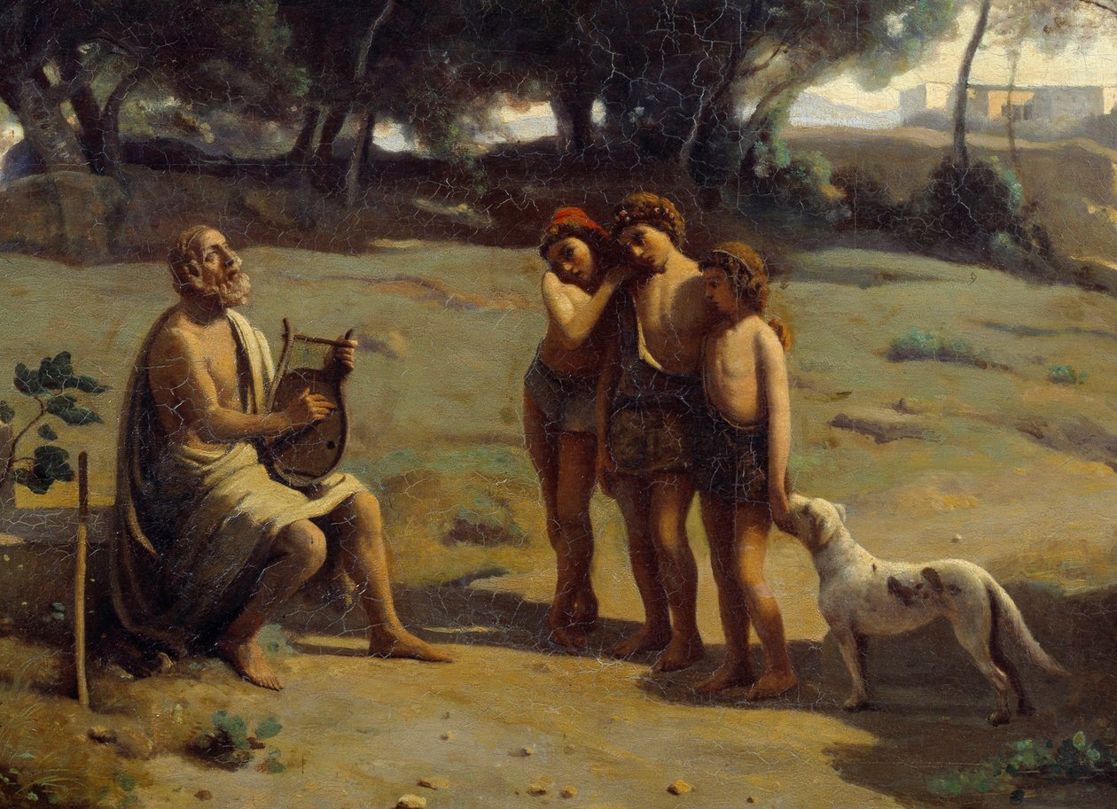Részlet a „Homérosz és pásztorok”” festményről. A görög költő Pathmos szigetén és a három fiatal fiú. Camille Corot (1796-1875) festménye 1845 V. 0,8x1,3 m Saint Lo, Musee des Beaux Arts alkotó: Jean Baptiste Camille Corot