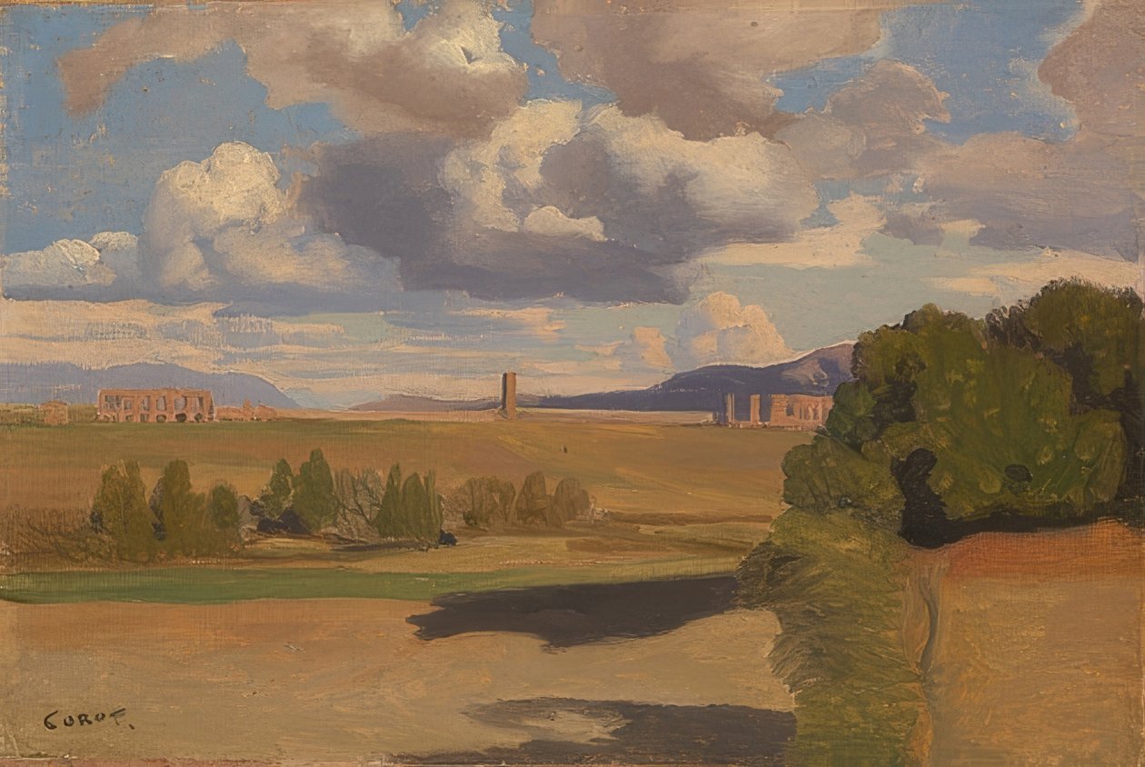 A római Campagna az Aqua Claudiával. Valószínűleg 1826 alkotó: Jean Baptiste Camille Corot
