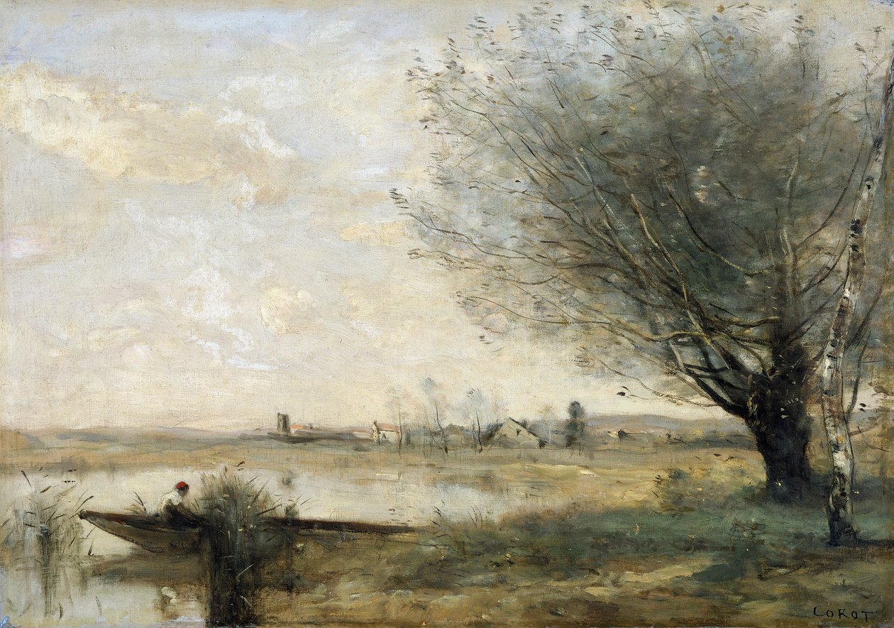 „A banknál kikötött halász”, 1865-70. alkotó: Jean Baptiste Camille Corot