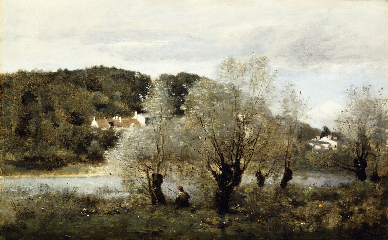 Halász a tavacska szélén Avary faluban; Pecheur au Bord de L"Etang a Ville d"Avray, 1850-55 körül alkotó: Jean Baptiste Camille Corot