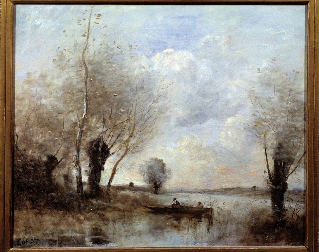Horgászat egy csónakban a fűzfákkal Camille Corot festménye (1796-1875) 19. század Reims, Musee des Beaux Arts alkotó: Jean Baptiste Camille Corot