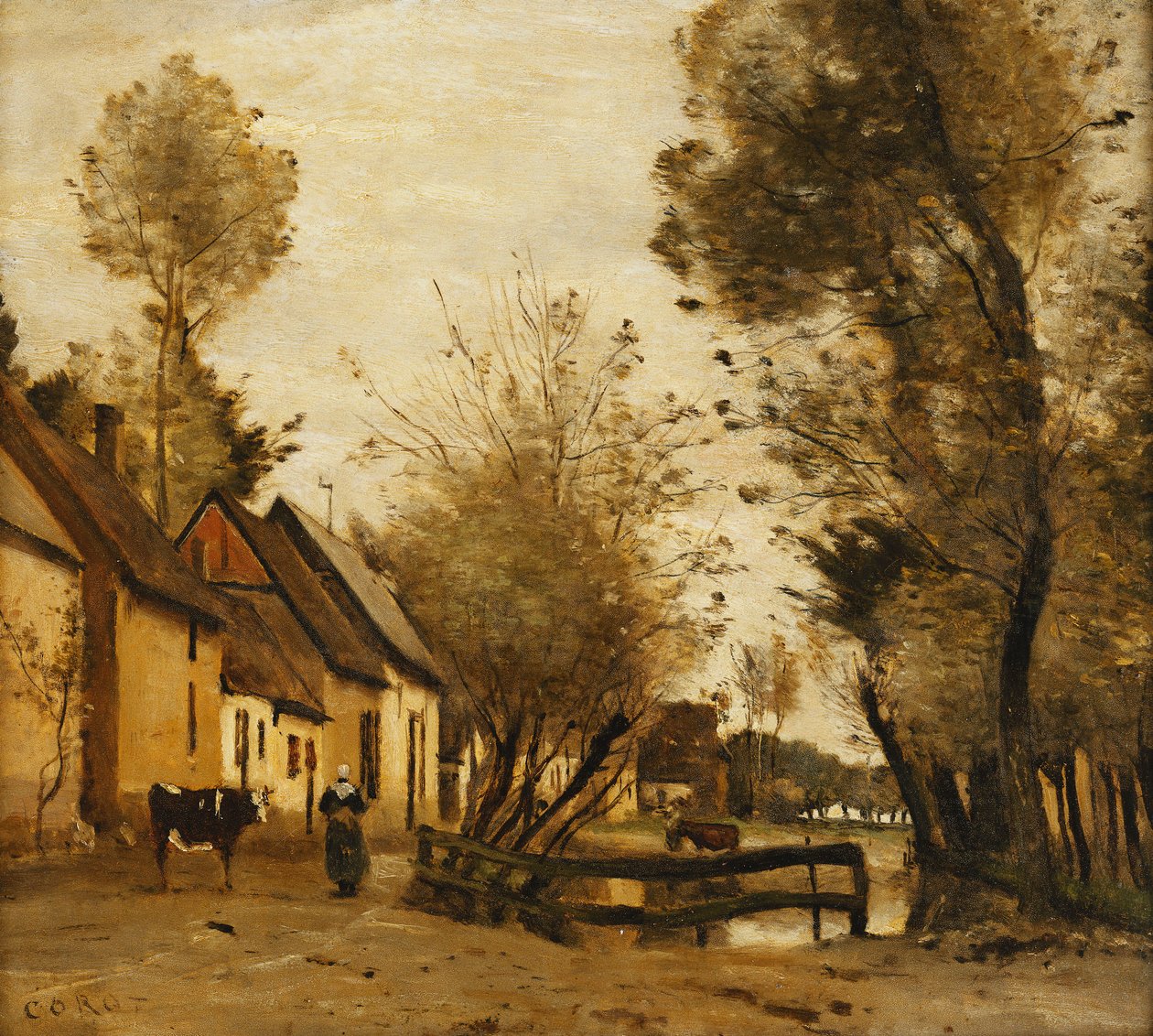Flesselles, Utca paraszttal és tehénnel; Flesselles, egy utca parasztasszonnyal és tehenével, 1862-1865 alkotó: Jean Baptiste Camille Corot