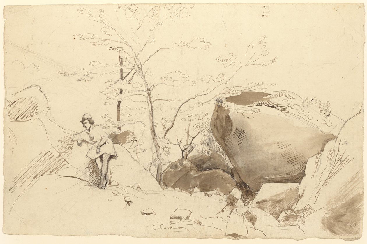 Fontainebleau, Sziklának támaszkodó alak alkotó: Jean Baptiste Camille Corot