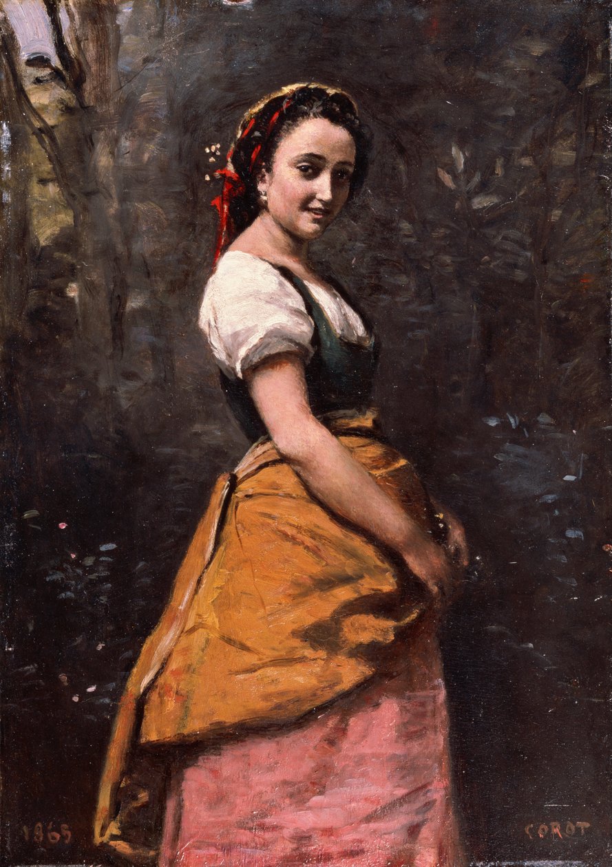 Franciául:  Jeune femme en forêt Fiatal nő az erdőben alkotó: Jean Baptiste Camille Corot