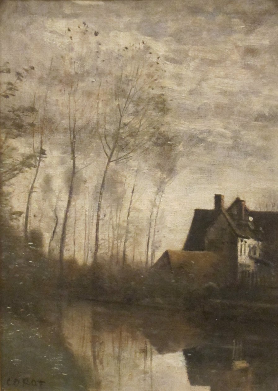 Francia: Scène de rivière avec maisons et peupliers Egy folyami jelenet házakkal és nyárfákkal alkotó: Jean Baptiste Camille Corot