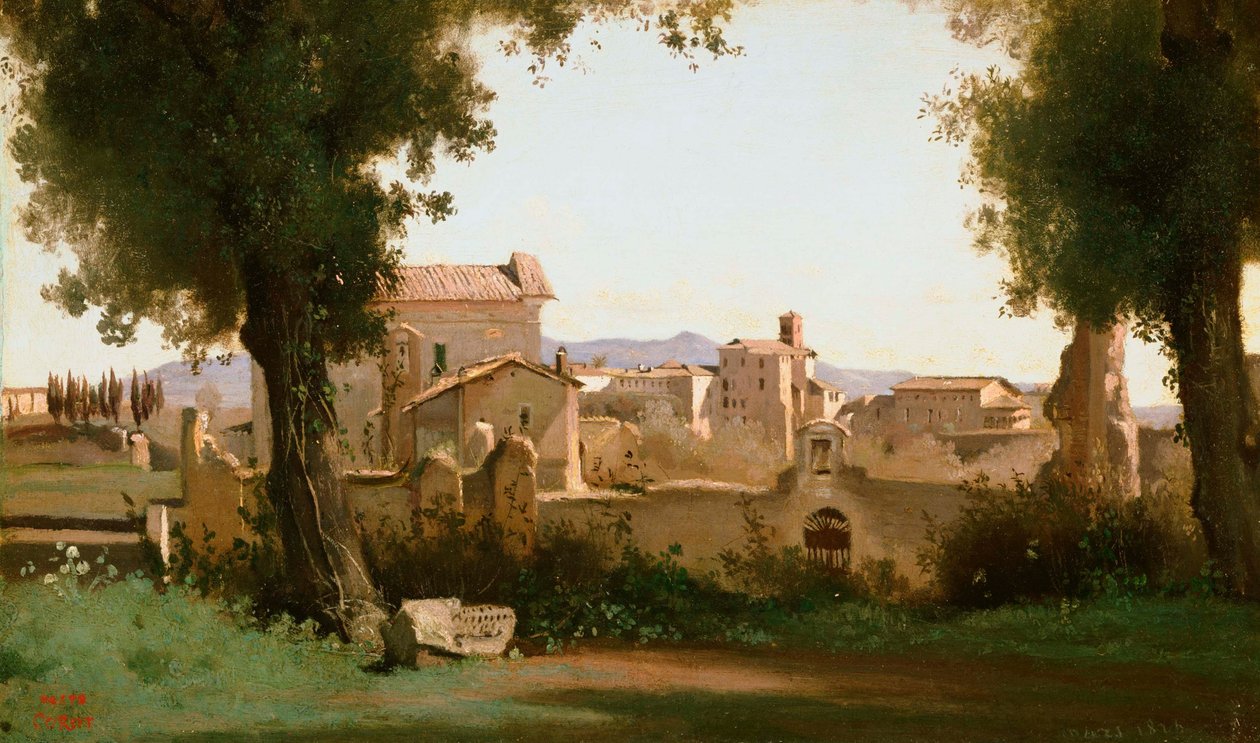 Franciául:  Vue depuis les Jardins Farnèse Nézet a Farnese kertekből, Róma alkotó: Jean Baptiste Camille Corot