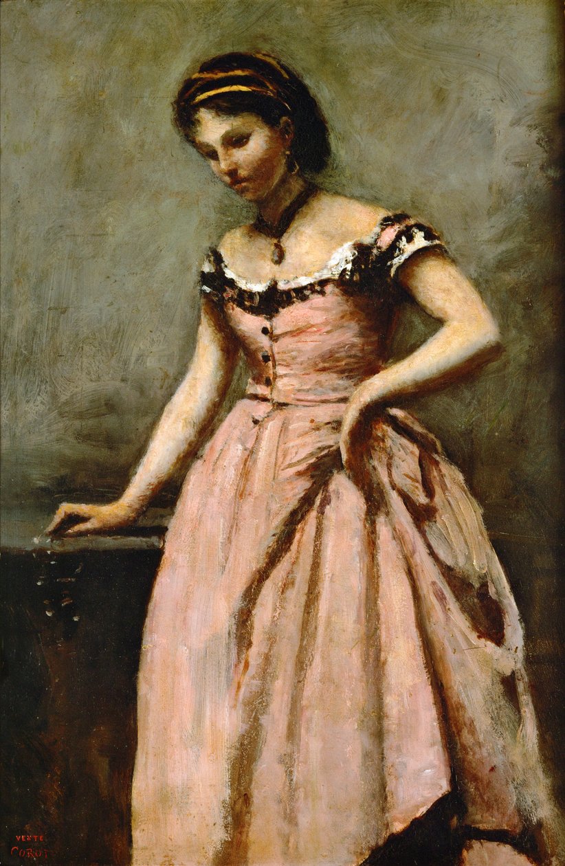 Lány rózsaszín ruhában rózsákkal és gyöngyökkel ... alkotó: Jean Baptiste Camille Corot