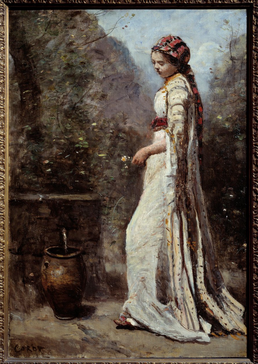 A görög lánynál van a szökőkút. Camille Corot (1796-1875) festménye alkotó: Jean Baptiste Camille Corot