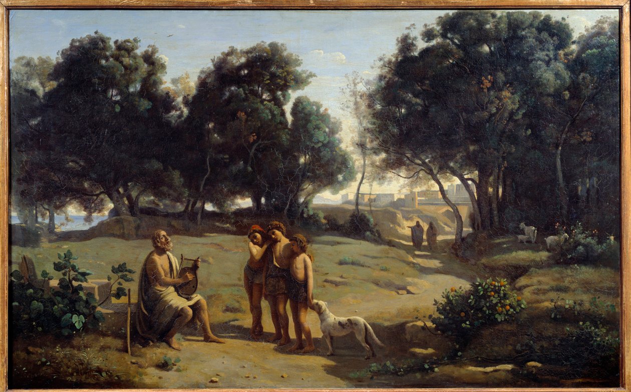 Homérosz és a pásztorok. A görög költő Patmosz szigetén. Camille Corot (1796-1875) festménye 1845 V. 0,8x1,3 m Saint Lo, Musee des Beaux Arts alkotó: Jean Baptiste Camille Corot