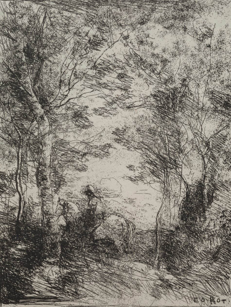 Horseman in the Woods, eredeti lenyomat 1854, nyomtatva 1921-ben. alkotó: Jean Baptiste Camille Corot