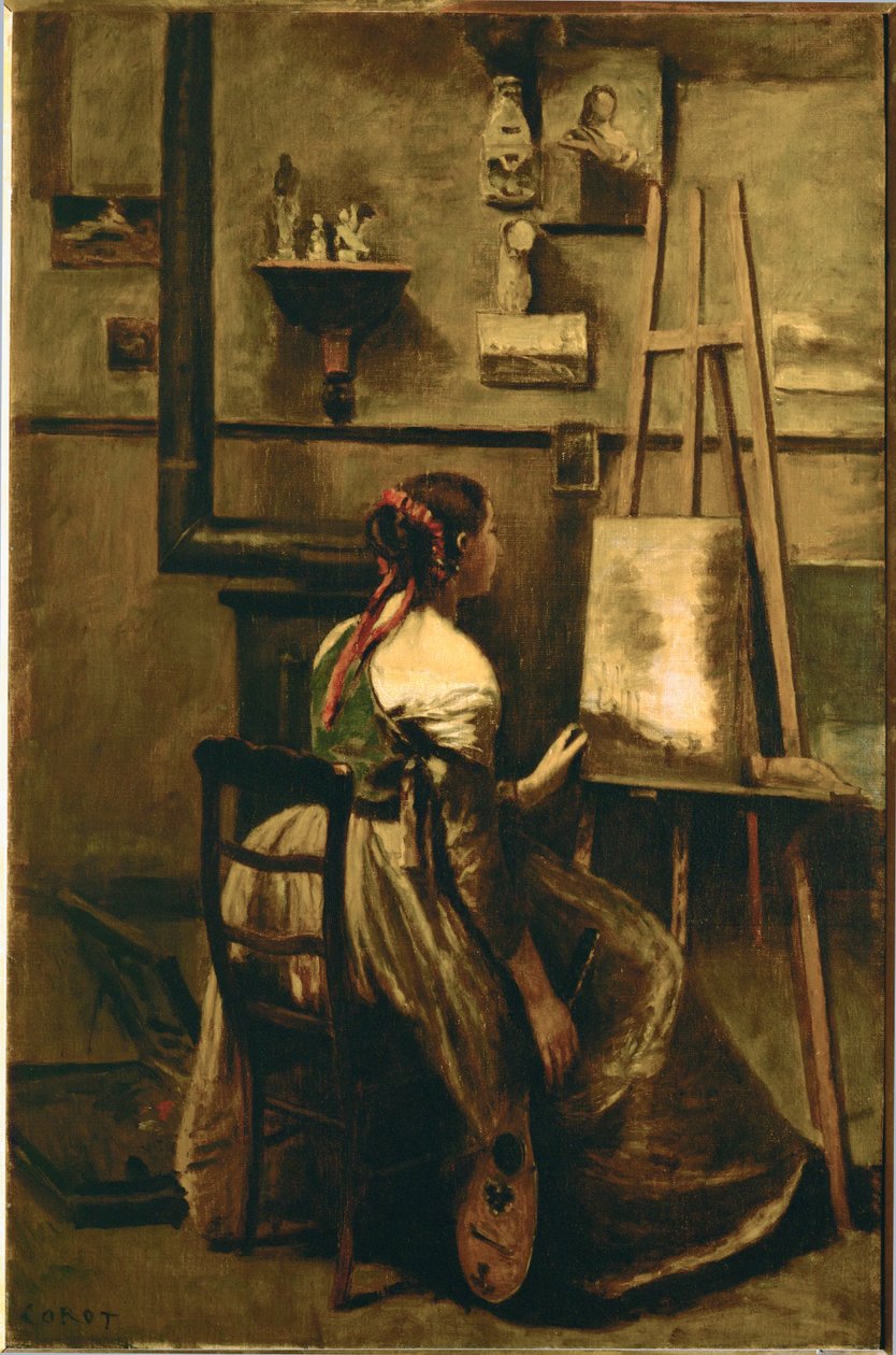 Corot műterme - fiatal nő ül egy festőállvány előtt ... alkotó: Jean Baptiste Camille Corot