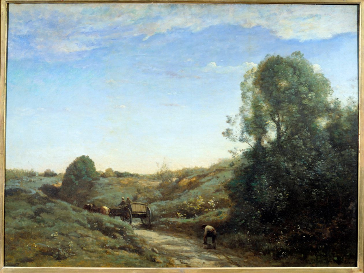 La Charrette - Marcoussis szuvenírje (Montlhery közelében). Camille Corot (1796-1875) festménye, 1855 körül. Olaj, vászon. Mérete: 0,97 x 1,30 m. Párizs, Musee d