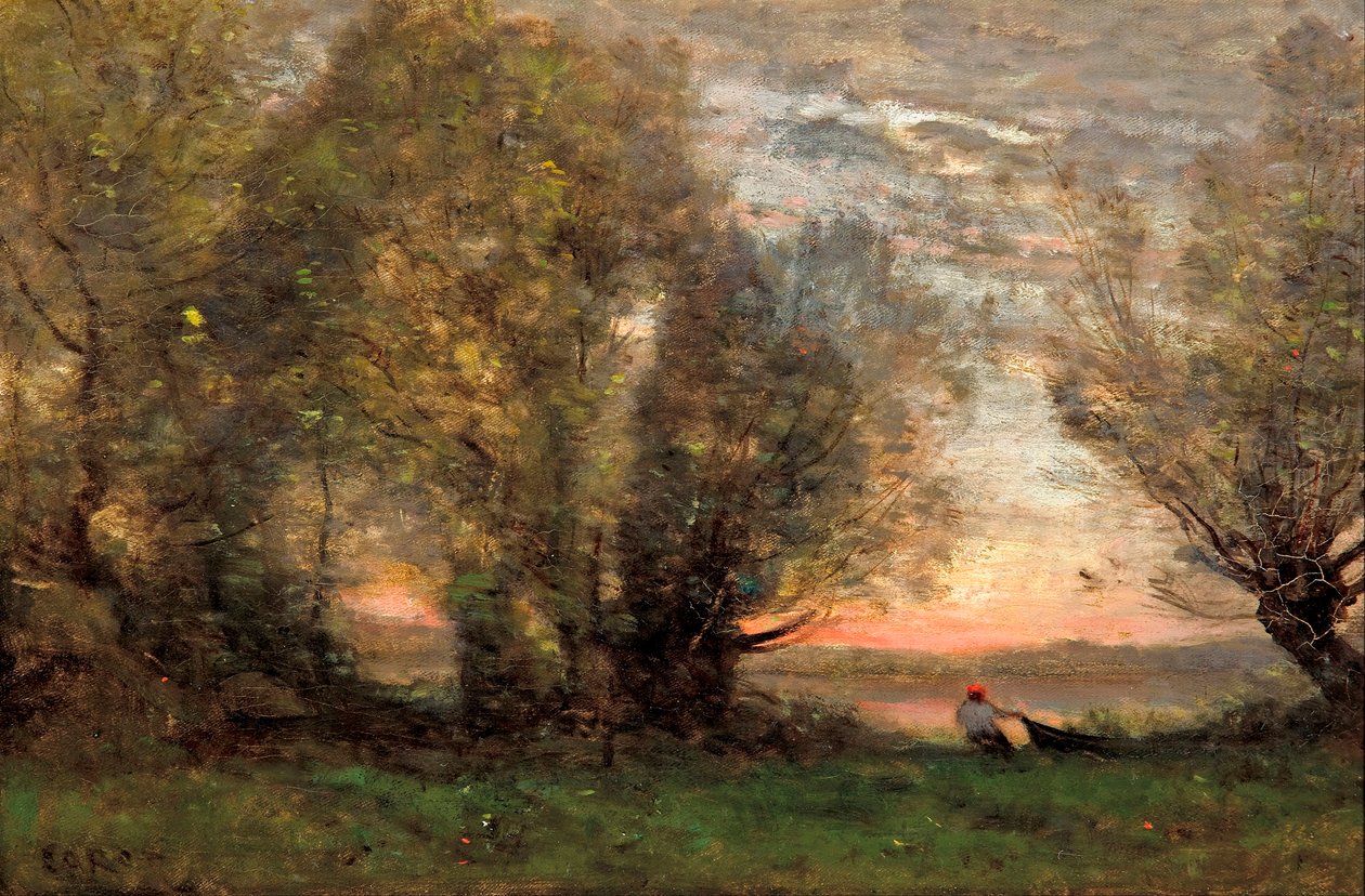 "A halász, esti hatás" (A halász, esti hatás) Jean-Baptiste Camille Corot (1796-1875) festménye - kb. 1860-1870 - Olaj, vászon Mérete 27,7x41,4 cm Dél-ausztráliai Művészeti Galéria alkotó: Jean Baptiste Camille Corot