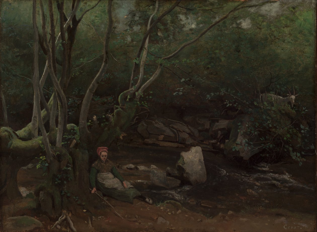 Lormes: Kecske-lány egy erdei patak mellett ülve alkotó: Jean Baptiste Camille Corot
