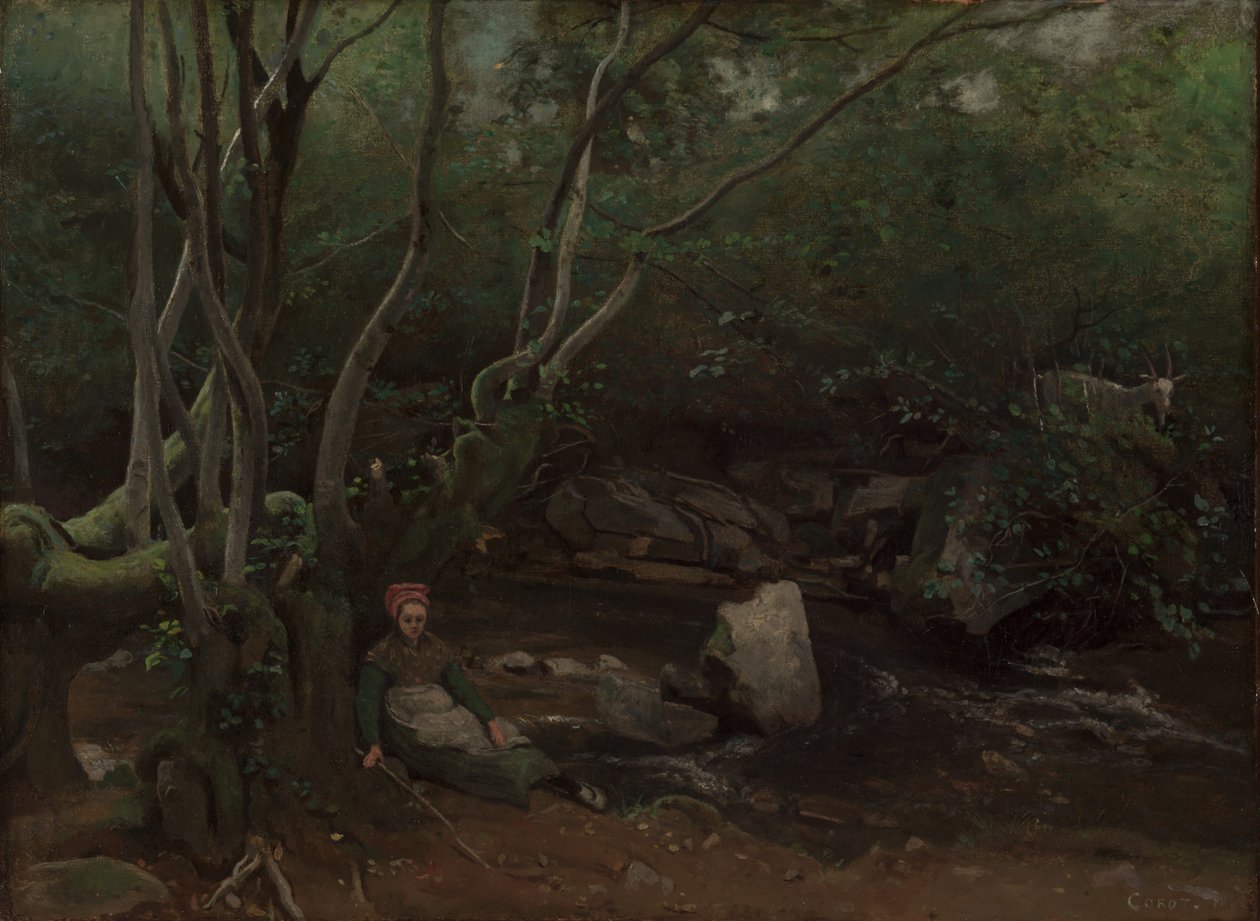 Lormes: Kecskelány ül a patak mellett az erdőben, 1842. alkotó: Jean Baptiste Camille Corot