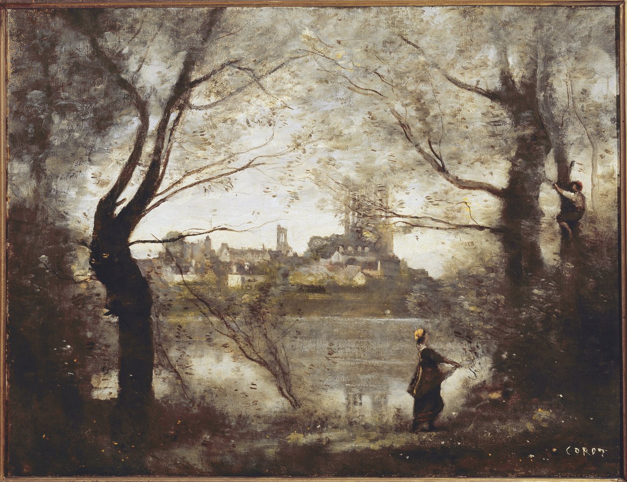 Mantes, katedrális és város látható a fák között, este (olaj, vászon alkotó: Jean Baptiste Camille Corot