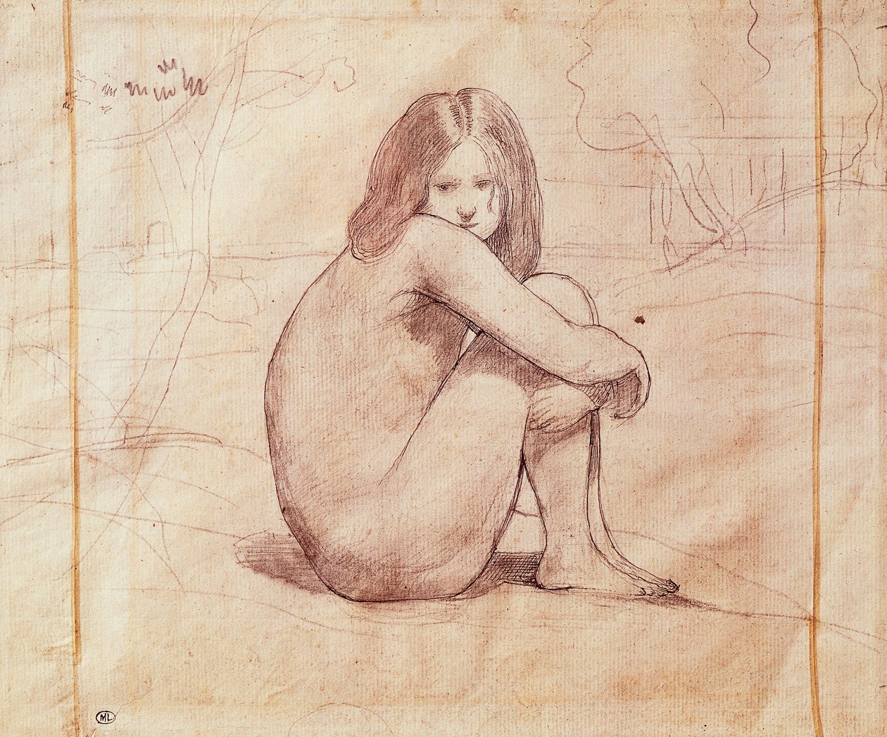 Meztelen lány ülő, Jean-Baptiste-Camille Corot (1796-1875) rajza alkotó: Jean Baptiste Camille Corot