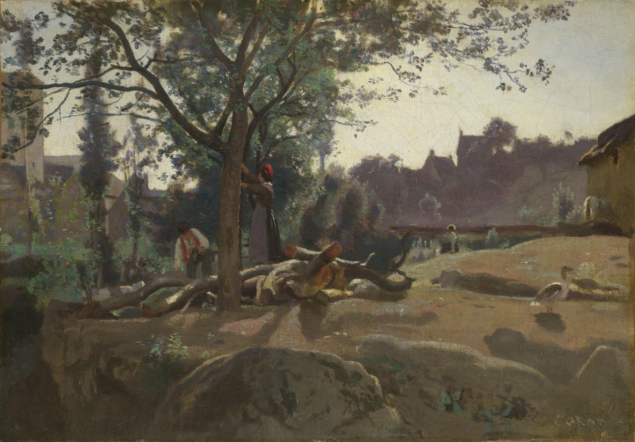 Parasztok a fák alatt hajnalban, c. 1843 alkotó: Jean Baptiste Camille Corot