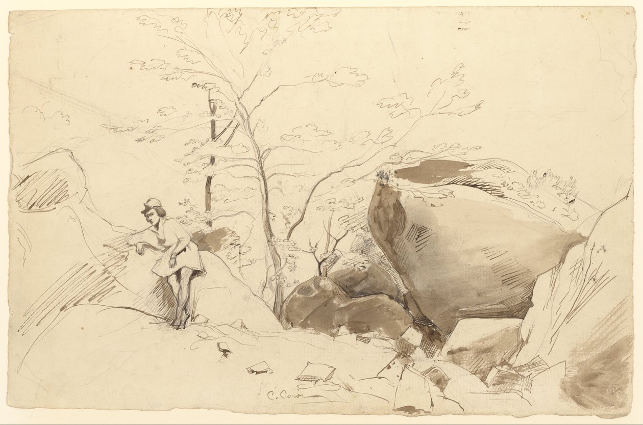 Toll és barna tinta, ecset és barna mosás ceruzával, papírra alkotó: Jean Baptiste Camille Corot