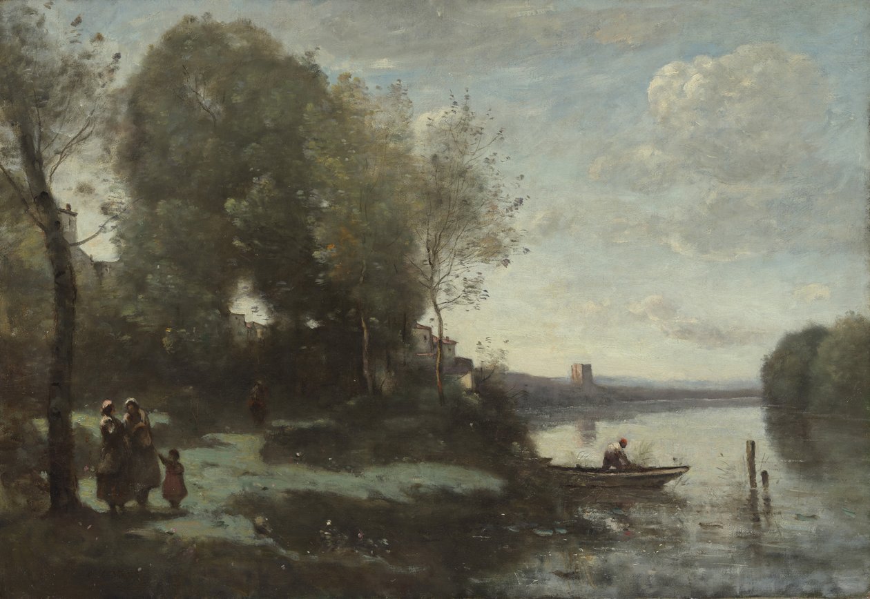 Folyó távoli toronnyal, 1865. alkotó: Jean Baptiste Camille Corot