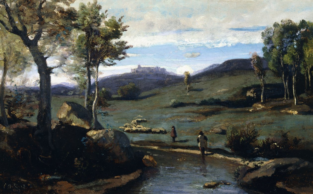 Római vidék - Sziklás-völgy disznócsordával, 1843 alkotó: Jean Baptiste Camille Corot