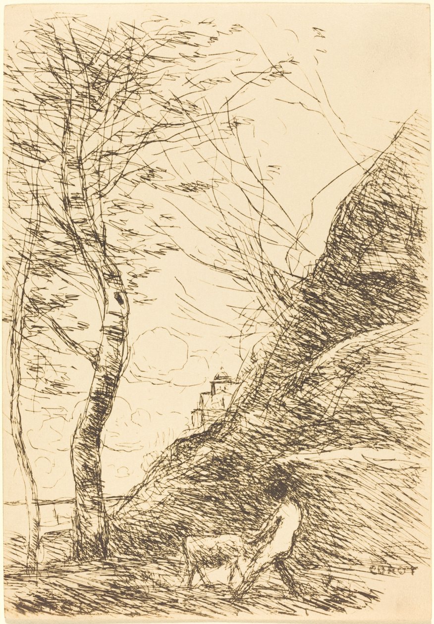 Kecskével küszködő pásztor (Berger luttant avec sa chevre) alkotó: Jean Baptiste Camille Corot
