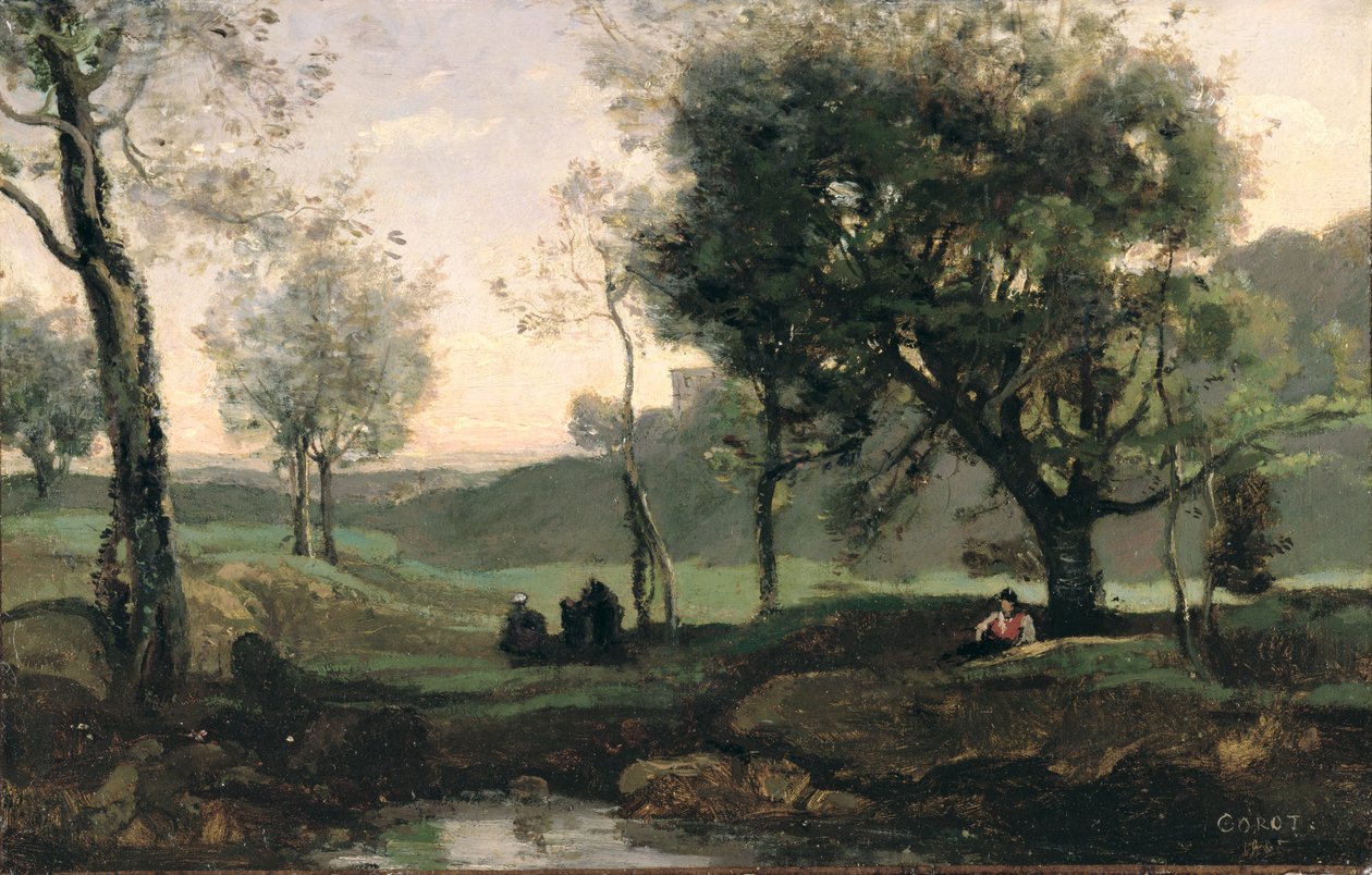 Naplemente: Figurák a fák alatt (olaj, vászon) alkotó: Jean Baptiste Camille Corot
