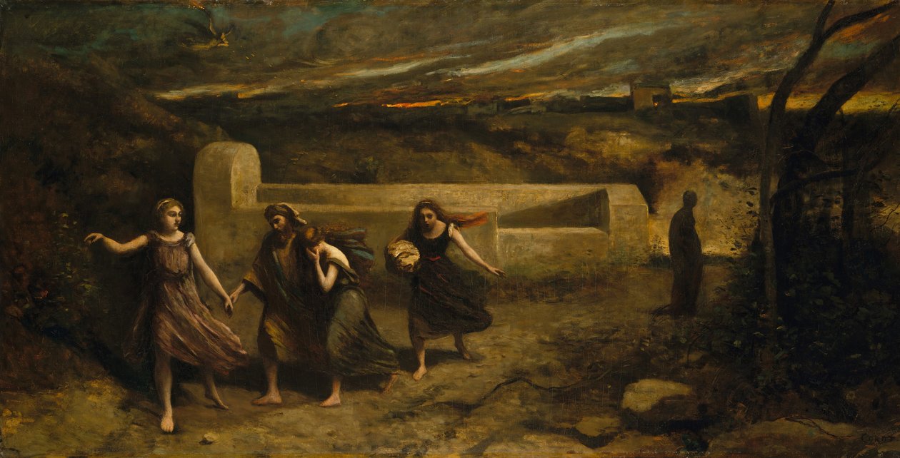 Sodoma felgyújtása, korábban Szodoma pusztulása, 1843 és 1857. alkotó: Jean Baptiste Camille Corot