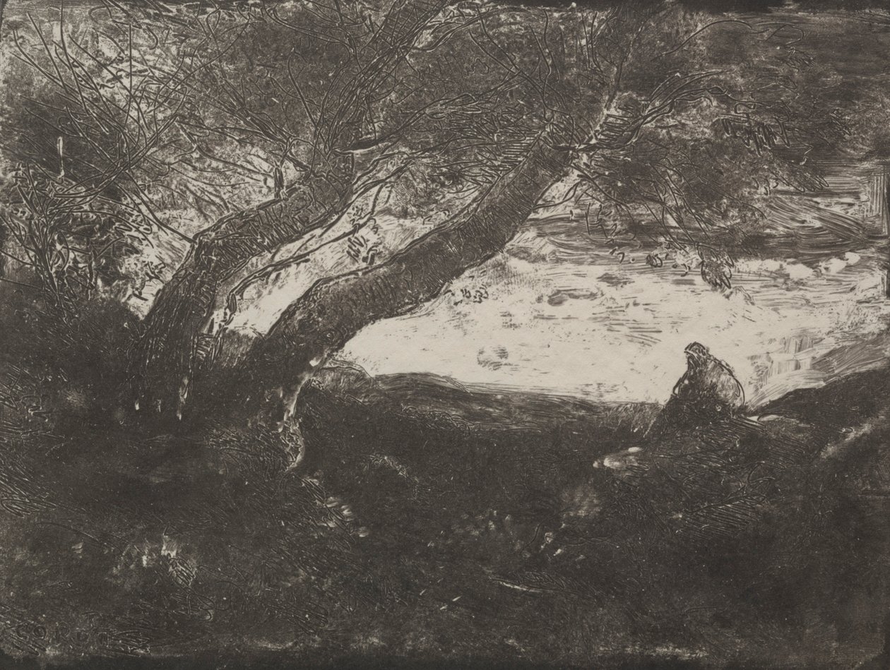 Az álmodozó, eredeti lenyomat 1854, 1921-ben nyomtatták. alkotó: Jean-Baptiste-Camille Corot
