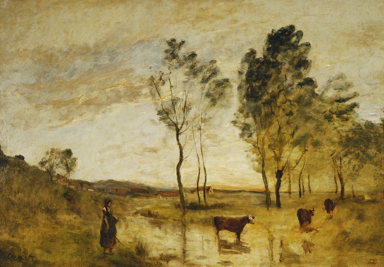 A Ford; Tehenek a Ford szélén; Le Gue; Cows on the Edge of the Gue, 1870-1873 körül alkotó: Jean Baptiste Camille Corot