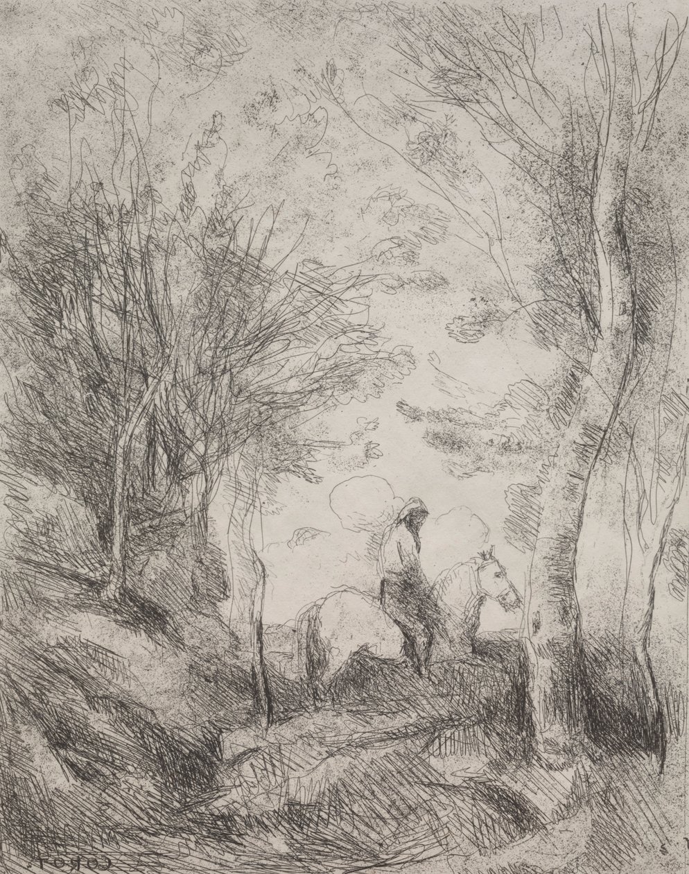 The Great Cavalier in the Wood, eredeti lenyomat 1854, nyomtatva 1921-ben. alkotó: Jean Baptiste Camille Corot